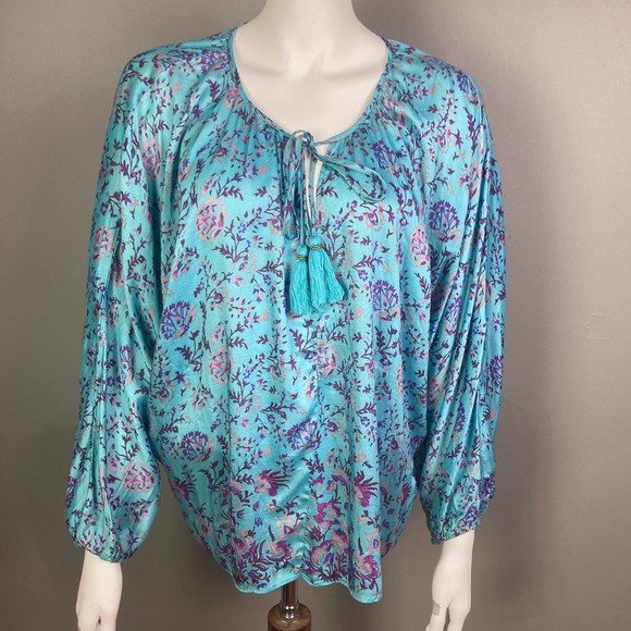 Sundance top blouse XS peasant floral blue dolamon boho silk blend - Picture 3 of 11